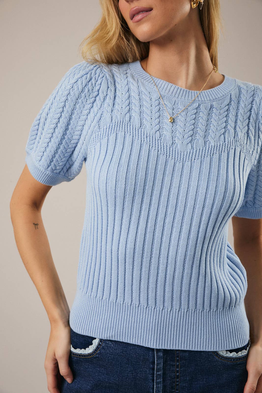 Sunday Edition by LE LIS - Wholesale Knit Sweater - Women's - ROUND NECK PUFF SHORT SLEEVE CABLE SWEATER26