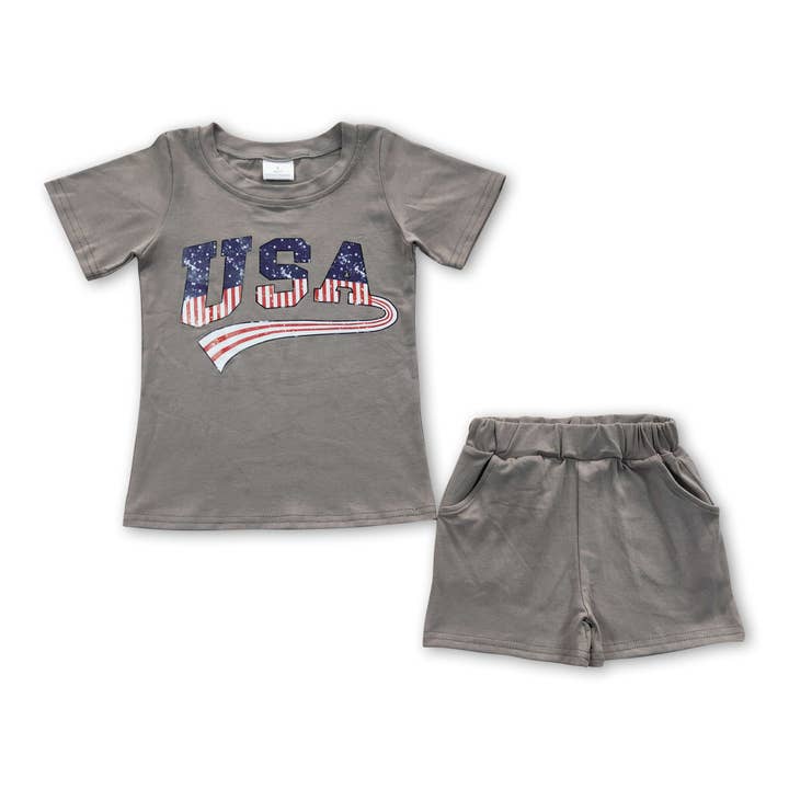 Chemise et short en coton gris en vinyle américain pour enfants, garçons, 4 juillet pour la vente par Yawoo Garments