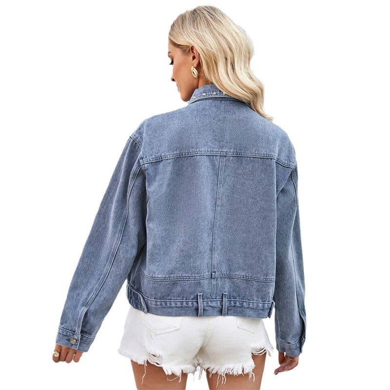 BLUE Loose-Fit Casual Rivet Denim Jacket for wholesale on Faire4