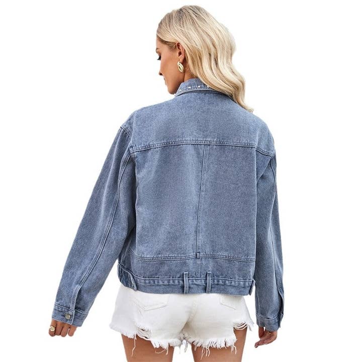 BLUE Loose-Fit Casual Rivet Denim Jacket for wholesale on Faire4