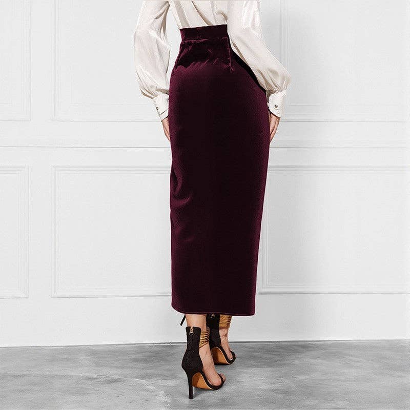 Burgundy Solid Twist Split Velvet Skirt for wholesale on Faire3