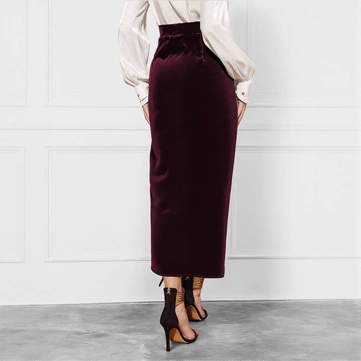 Burgundy Solid Twist Split Velvet Skirt for wholesale on Faire3