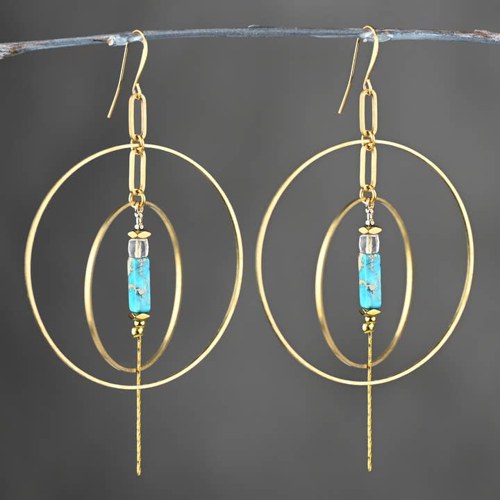 Double Hoop w/ Semi Precious Chain Drop Earrings for wholesale by KBD Studio