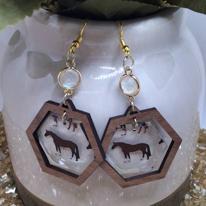 Horse Acrylic Earrings with 10mm Mother of Pear Stones for wholesale by Irena Blavat Designs