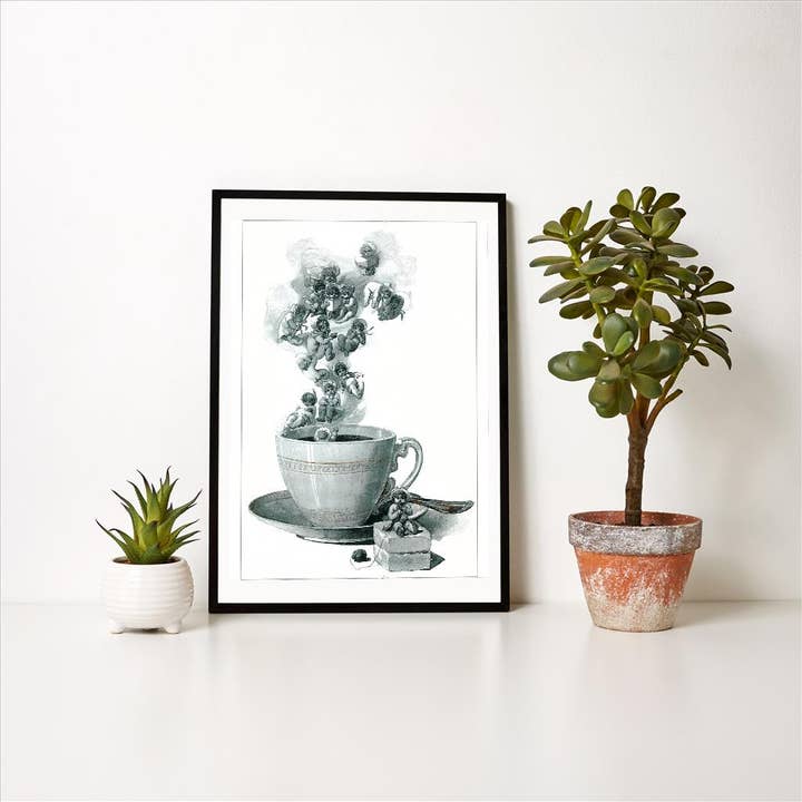 Found Image Press - Venta al por mayor Ilustración - Impresión de Arte CF-115 Bebés Flotando Sobre Taza de Café