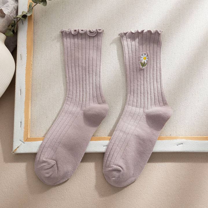ACCITY - Wholesale Socks - Women's - Flower Embroidery Crew Ruffle Socks Women_CWMS029314