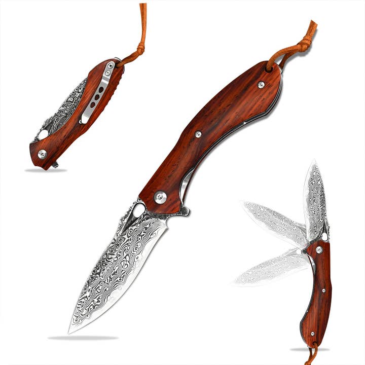 Shokunin USA - Wholesale Pocket Knife/Holder - Damascus Steel Pocket Knife With Engraved Meteor Design
