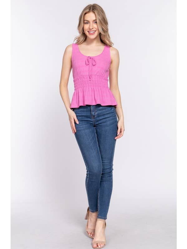 Active Basic | Active USA - Wholesale Knit Top - Women's - Sleeveless Scoop Neck Front Tie & Waist Smocking