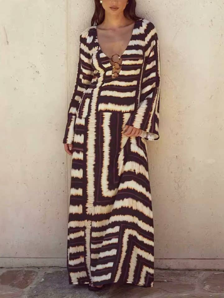 Coffee Fashion Print Cirque Stripe Azure Maxi Dress for wholesale on Faire