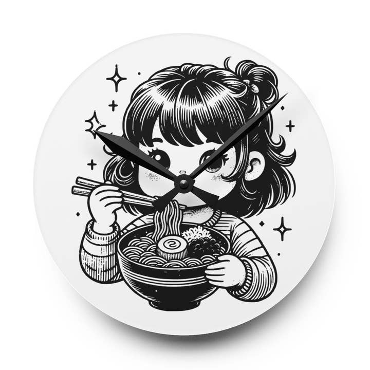 Relógio de Parede Acrílico de Menina Kawaii a Comer Ramen por atacado de LadyKCreations1