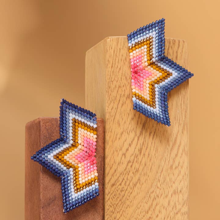 Mayana Designs Co - Wholesale Dangle Earrings - Beaded Handwoven Medium Half Star Earrings (Blue/Pink)1