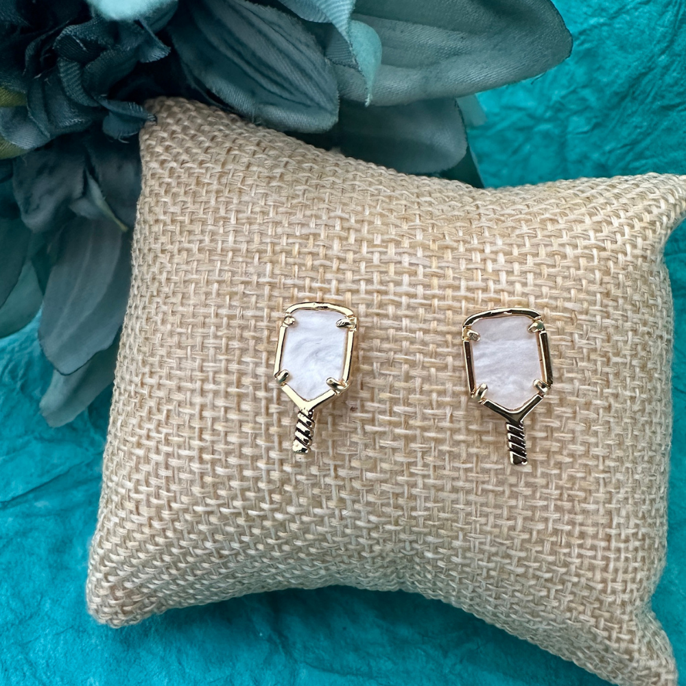 Born to Rally - Wholesale Stud/Post Earrings - Pickleball Mother of Pearl Gold Stud Earrings1