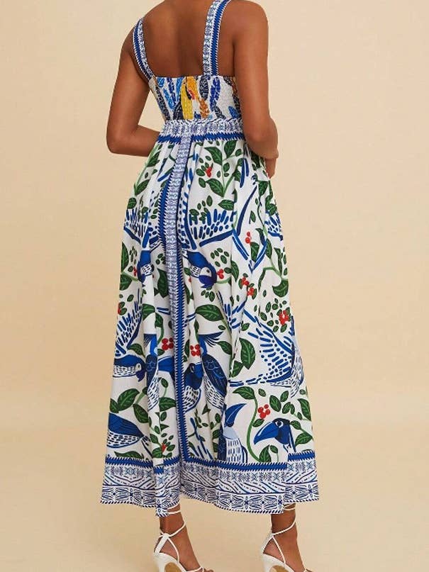 Boho Tropical Birdie Blue floral print strappy flare dress for wholesale on Faire