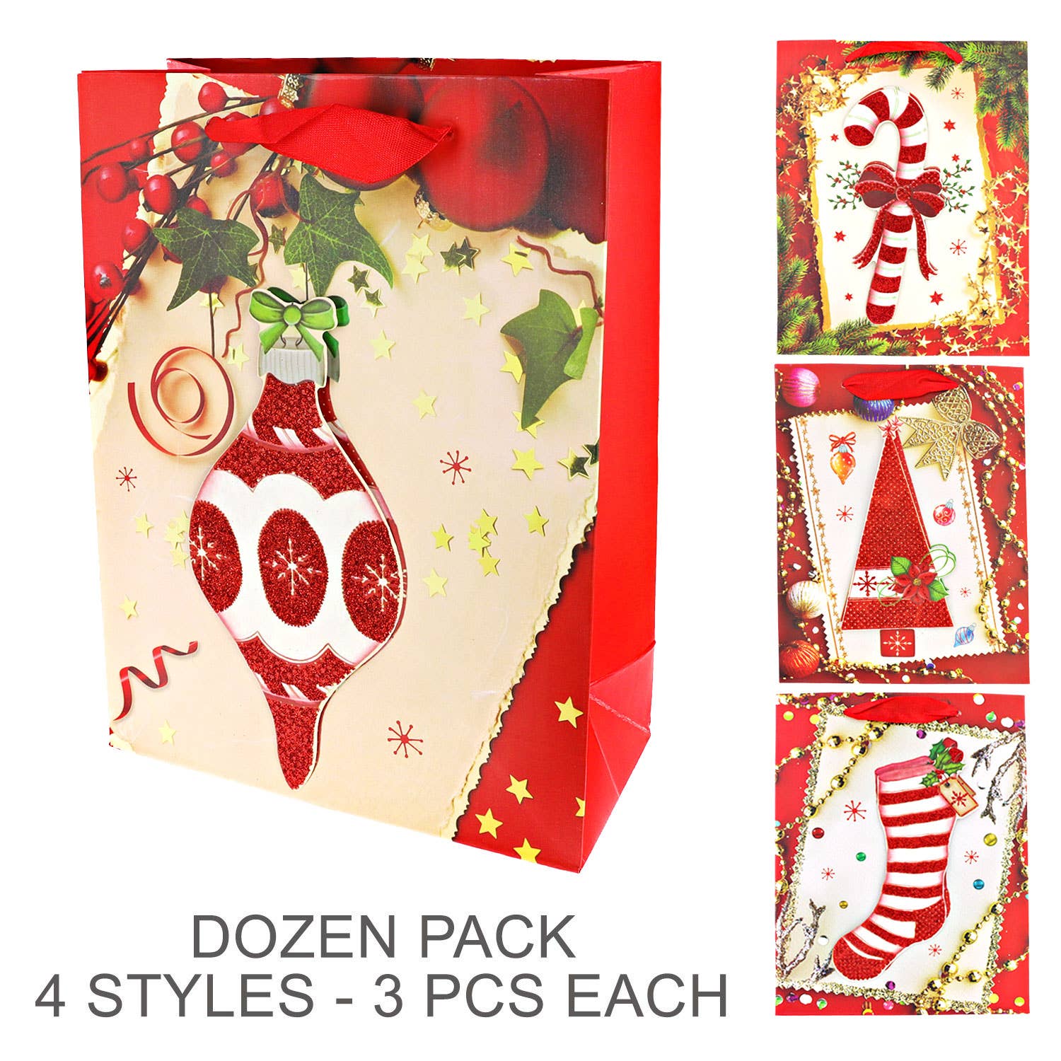 SP Sophia Collection - Wholesale Gift Bag Set/Pack - 12 Pack Assorted Vintage Christmas Paper Gift Bag 1