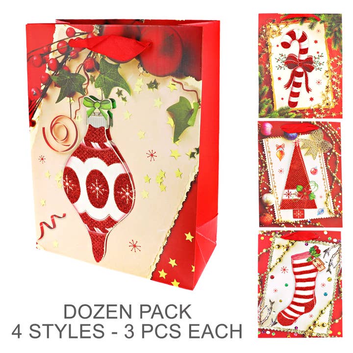 SP Sophia Collection - Wholesale Gift Bag Set/Pack - 12 Pack Assorted Vintage Christmas Paper Gift Bag 1