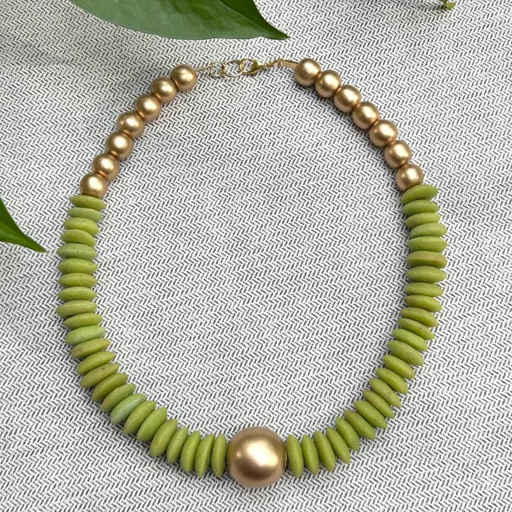 April Mae Designs - Wholesale Beaded/Pearl Necklace - Lime green and gold beaded statement necklace