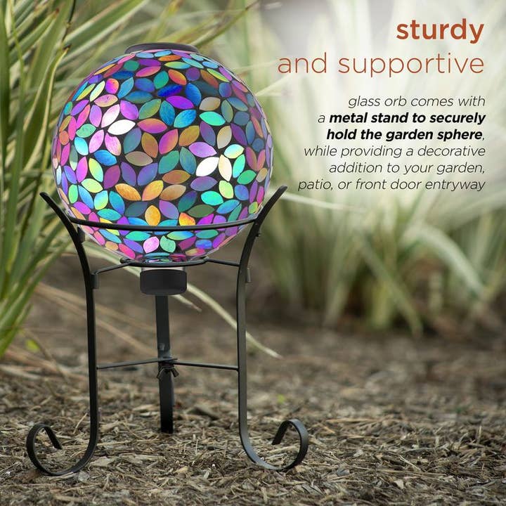 Alpine Corporation - Wholesale Outdoor Ornament/Decor - Alpine Solar Mosaic Leaves Purple Gazing Globe with Stand