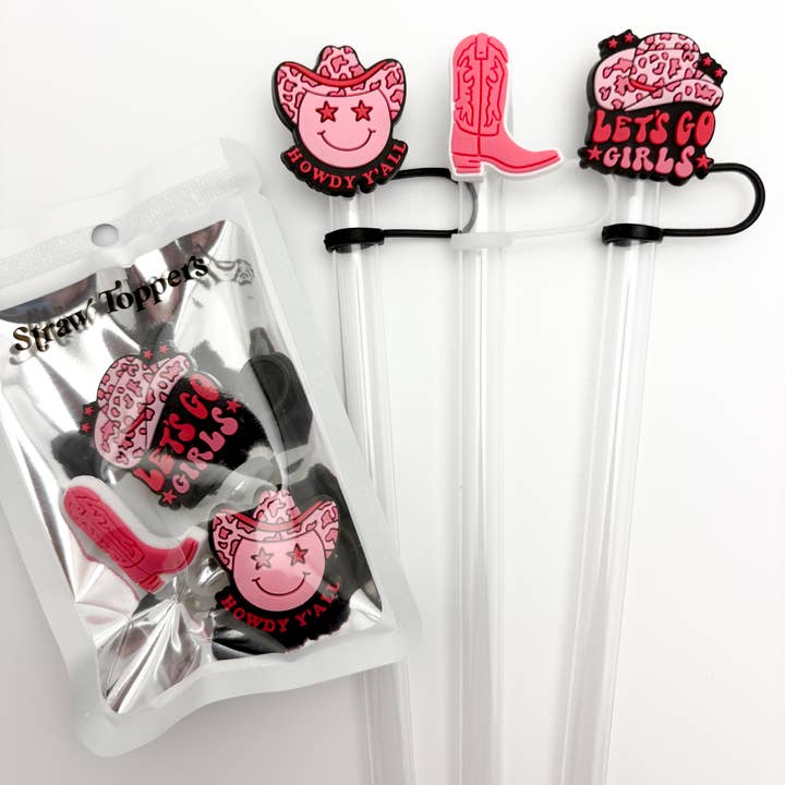 Straw Topper, confezione da 3, colore: rosa retrò Howdy, Lets Go Girls, stivali per la vendita all'ingrosso da parte di Vroom Blooms
