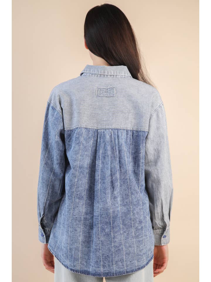 VERY J - Wholesale Button Down Shirt - Women's - NT12282-Mineral Washed Colorblock Striped Shirt Top3