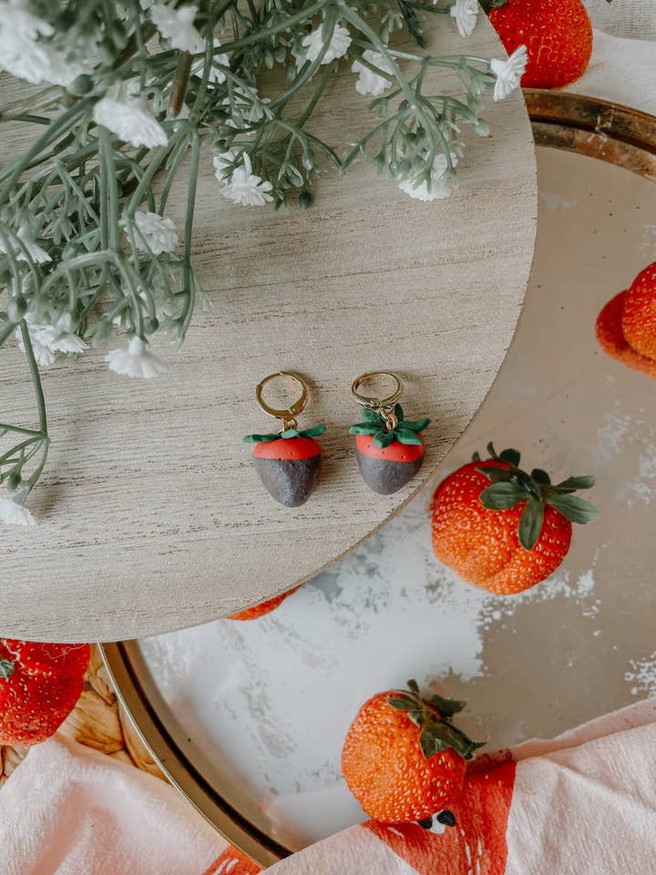 Chocolate Covered Strawberries CLAY EARRINGS | Lightweight for wholesale by River & Rose Co.