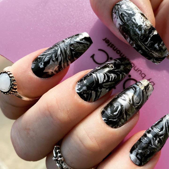 Storm Chaser Black Silver White Marbled Tie Dye Nails for wholesale by Space Witch Nails