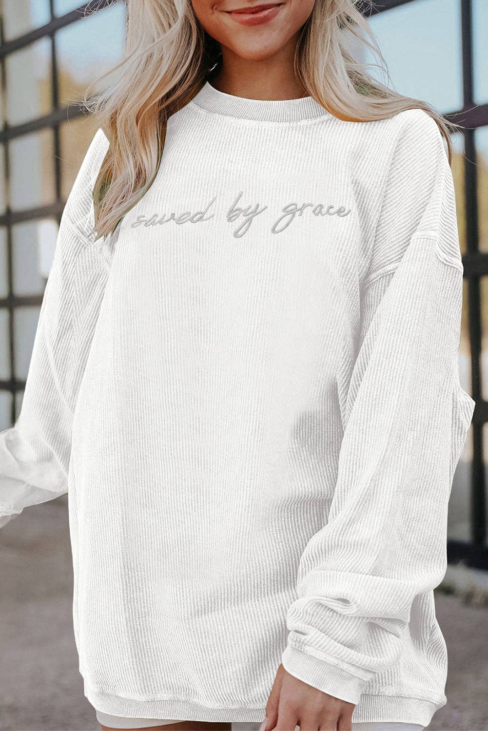 Suhkasana – wholesale Sweatshirt – Women's – Embroidered “saved by grace” Chunky Knit Crewneck Sweater0