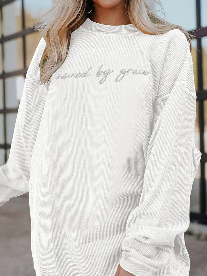 Suhkasana - Vente Sweat-shirt – femme - Pull à col rond en grosse maille brodé "sauvé par la grâce"