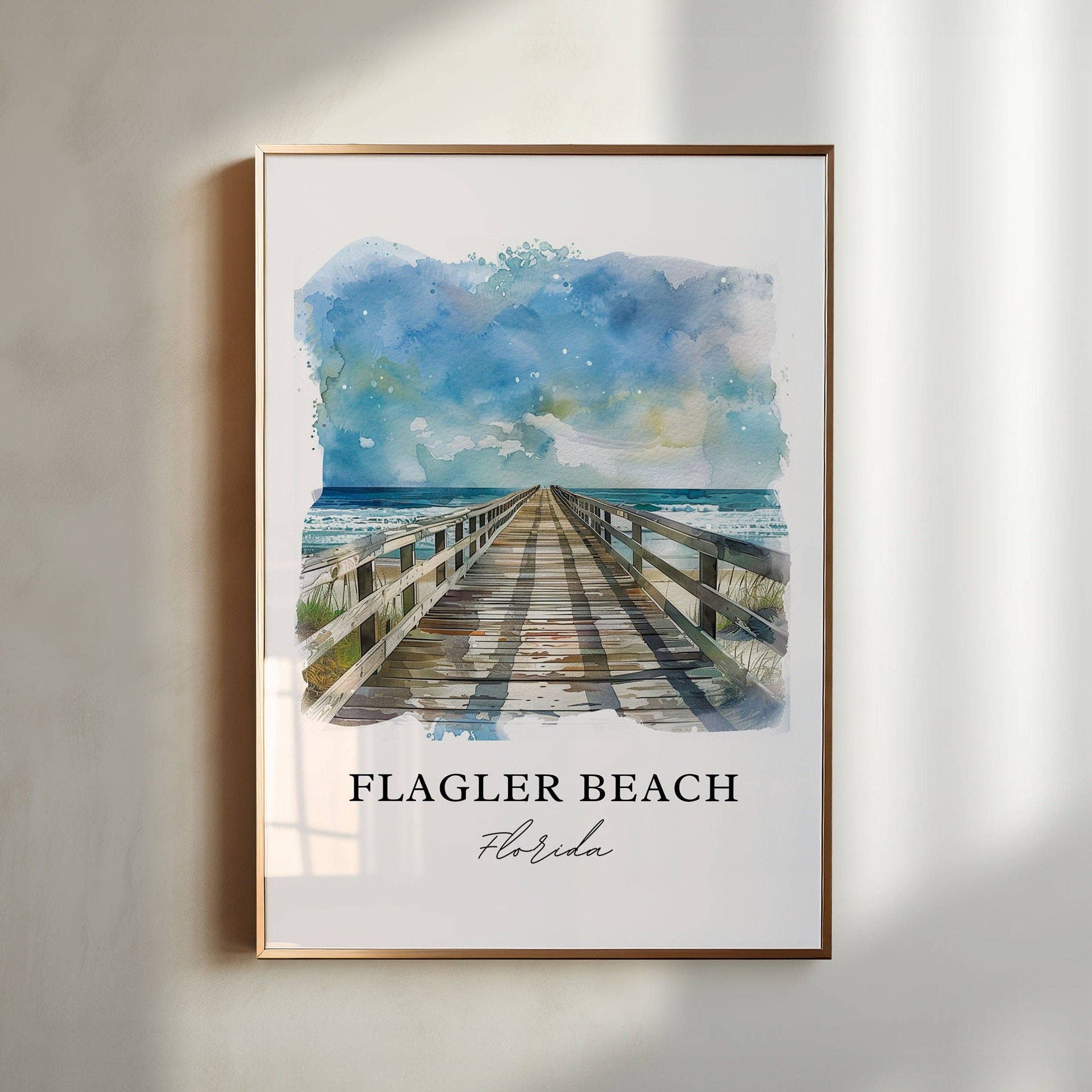 Premium Travel Art - Vendita all'ingrosso Stampa artistica - Arte da Parete di Flagler Beach, Stampa di Flagler Beach, Acquerello di Flagler Beach FL, Regalo di Flagler Beach,