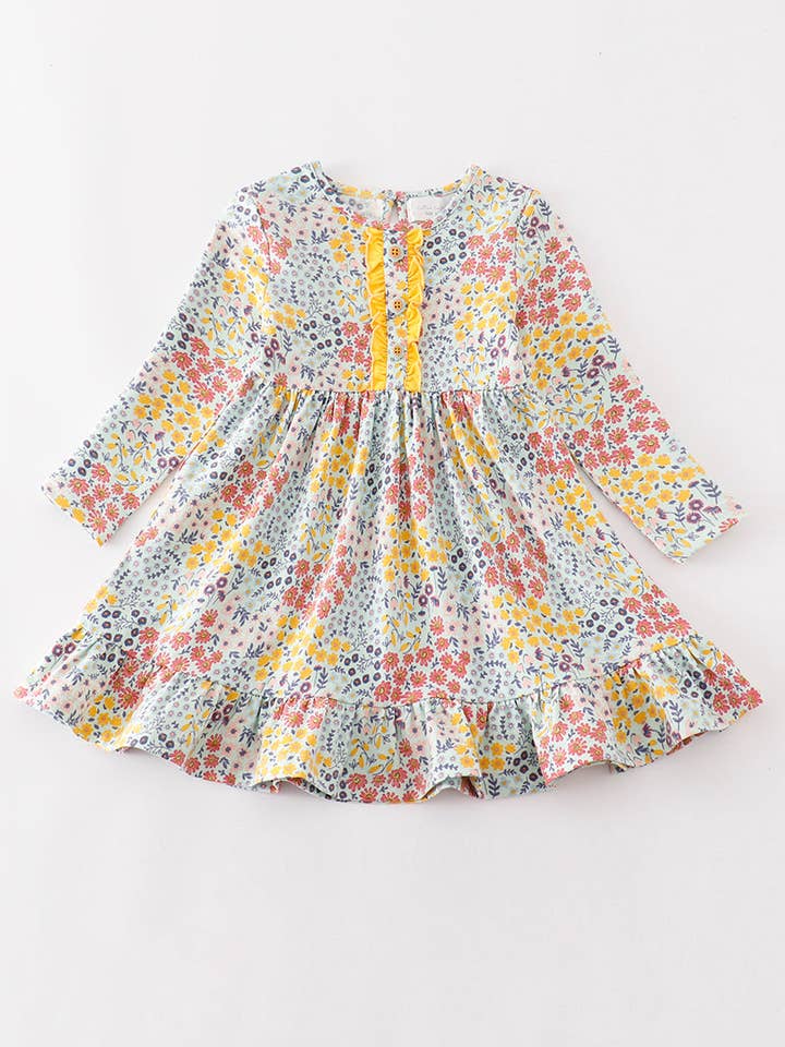 Platinum Blue bloemenprint ruche meisjesjurk voor wholesale door Aspen Rain Boutique