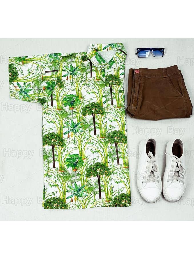 HAPPY BAY Men's Hawaiian Shirt Allover Green Trees P00229 for wholesale on Faire3