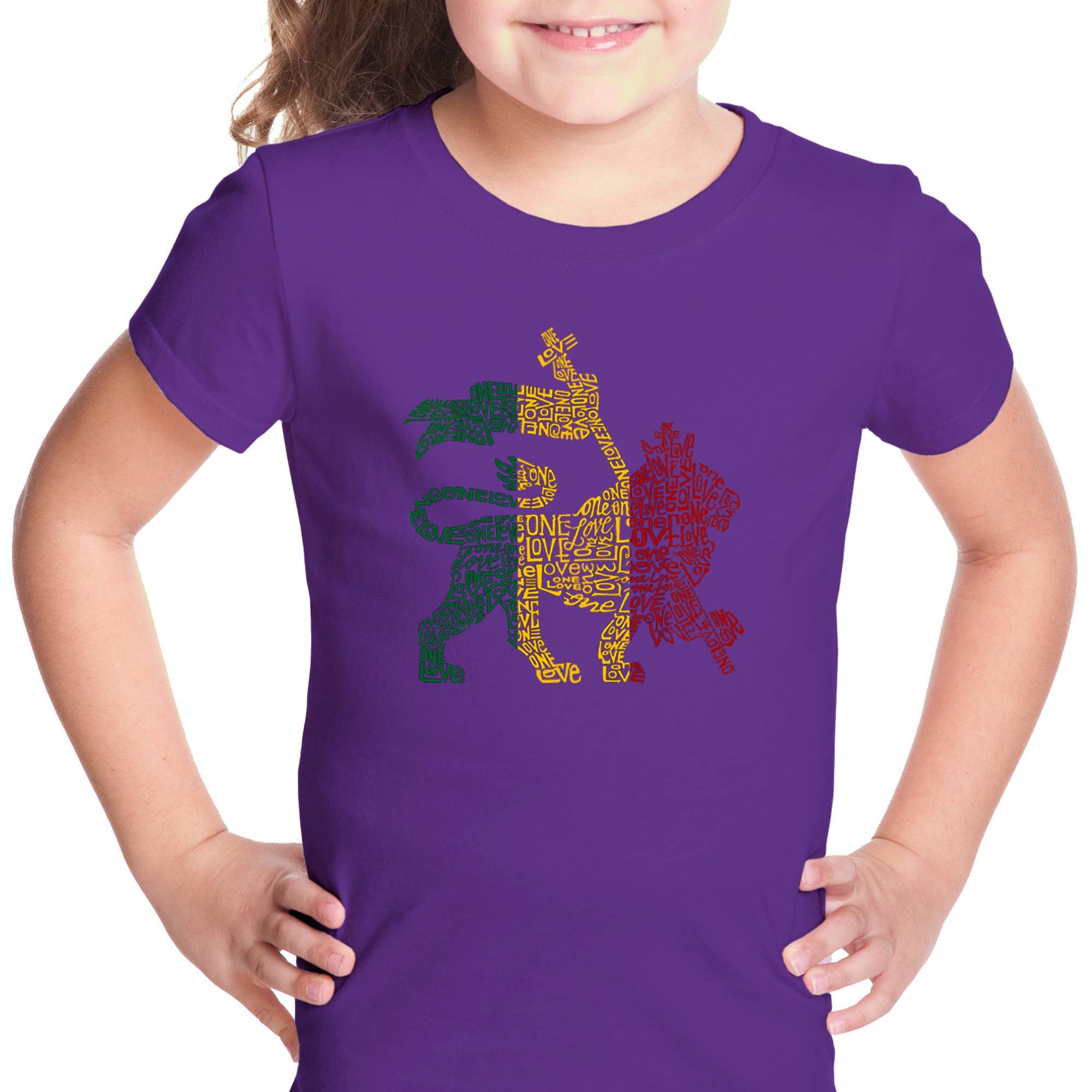 LA Pop Art - Wholesale Screen Printed T-Shirt - Kids - Girl's Word Art T-shirt - Rasta Lion - One Love5