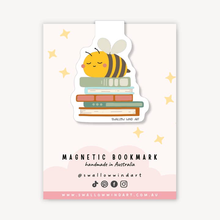 Magnetic Bookmark - Happy Bee with Books for wholesale by Swallow Wind Art