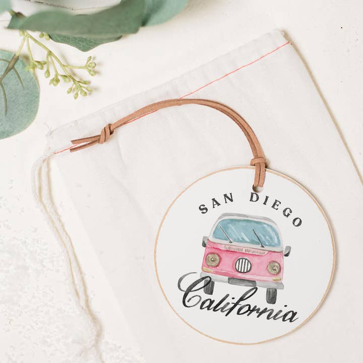 White 4" Round Ornament-Pink Van San Diego, California for wholesale on Faire