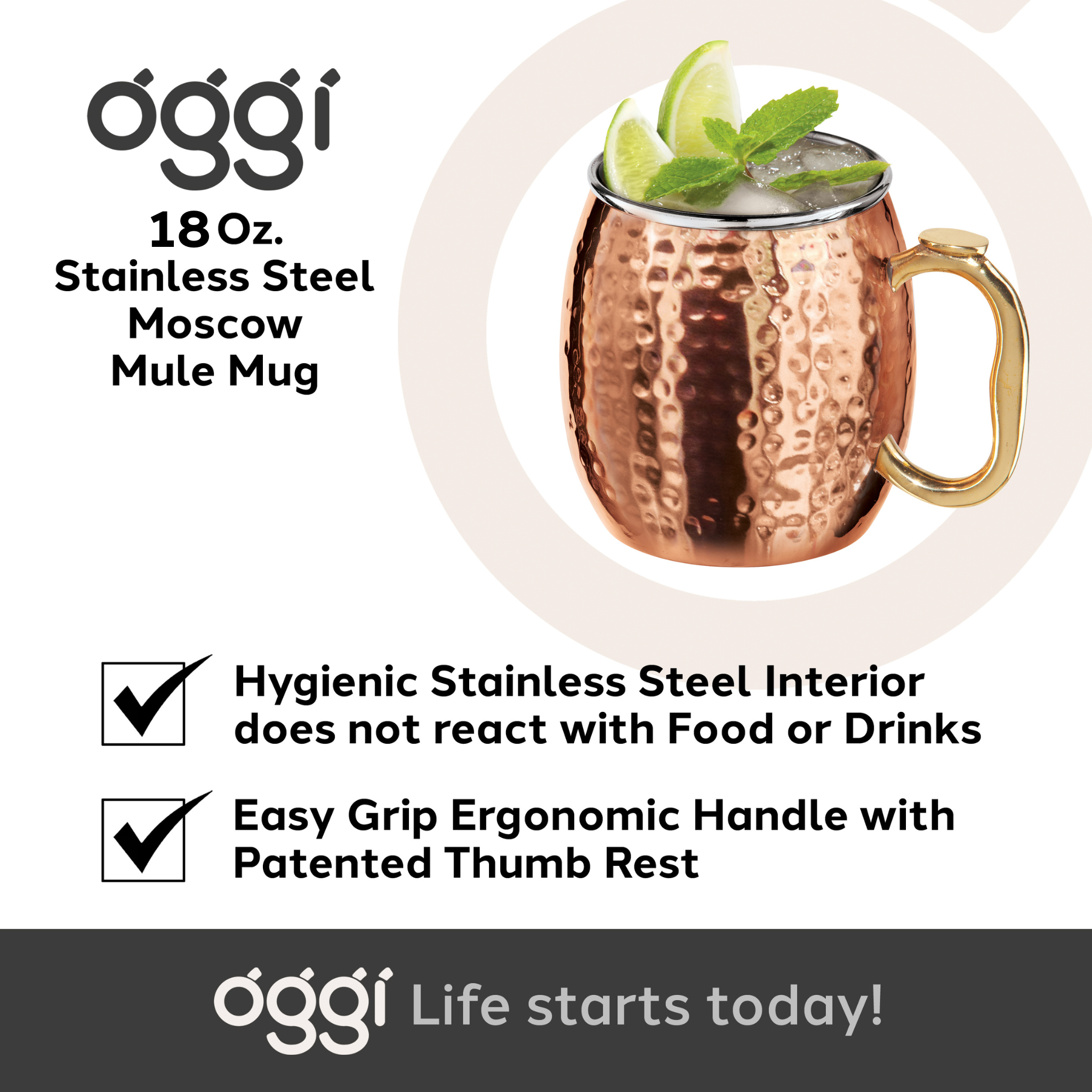 Oggi - Wholesale Cocktail/likeur glas - Moscow Mule Beker - Gehamerd Roestvrij Staal (530 ml, 18 oz)5