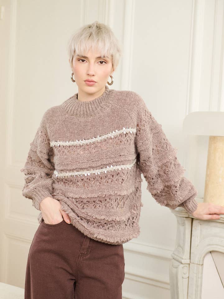 Yuna 2705 patterned knit sweater with floral rhinestones for wholesale by GOLDEN LIVE PARIS