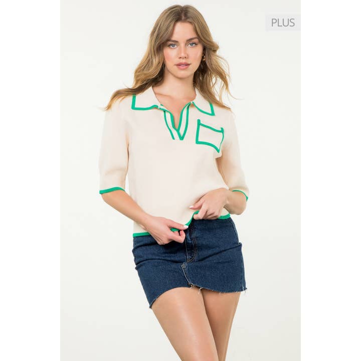 CREAM /Size XL/ Short Sleeve Collared Knit Top for wholesale on Faire