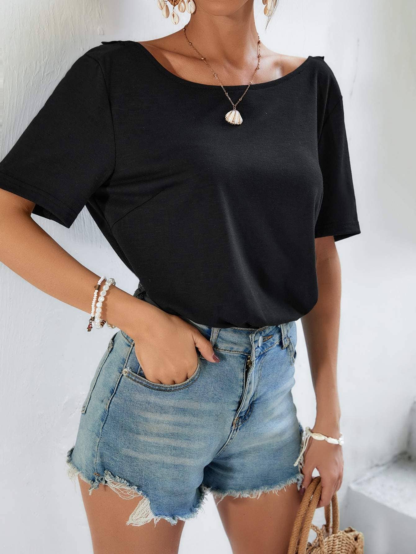 Flarix - Wholesale Blouse - Women's - frenchy fake button ruffle trim v back tee2