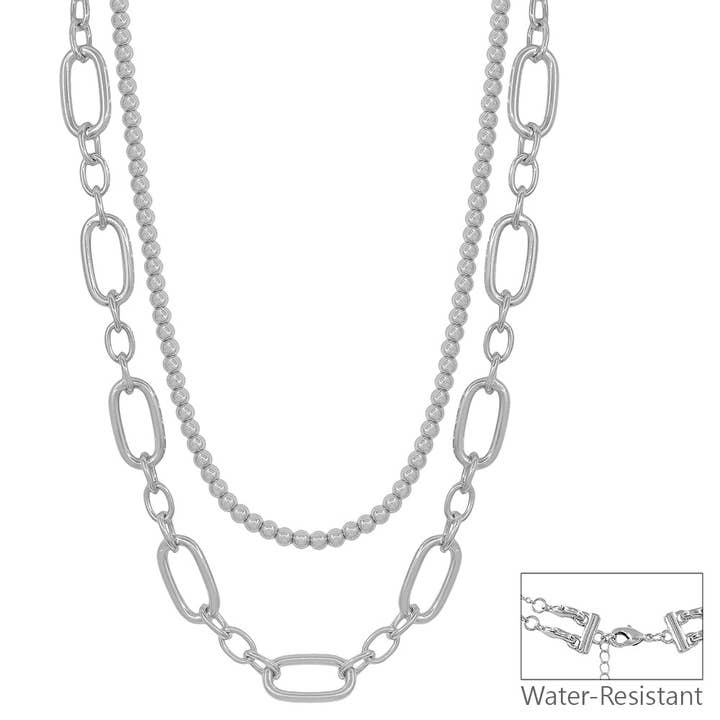 Silver Beaded Chain with Open Rectangle Layered Multiway 16"-18" Necklace for wholesale by What's Hot