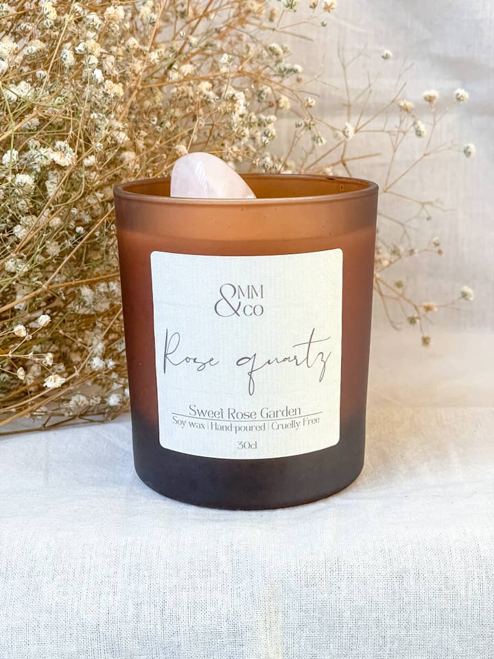 Rose Quartz Luxe Crystal Candle|Sweet Rose Garden for wholesale by Omm & Co