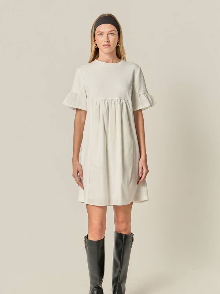 Mixed Media Ruffled Short-Sleeve Mini Dress for wholesale by English Factory