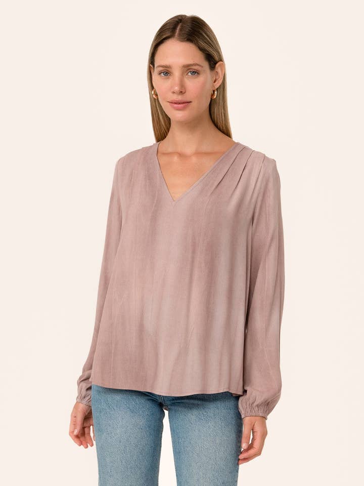 Pleated Long Sleeve V Neck Blouse for wholesale by Lovestitch
