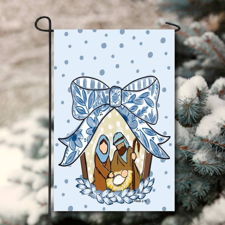 Blue Ribbon Bow Nativity Garden Flag for wholesale by Baxter & Me