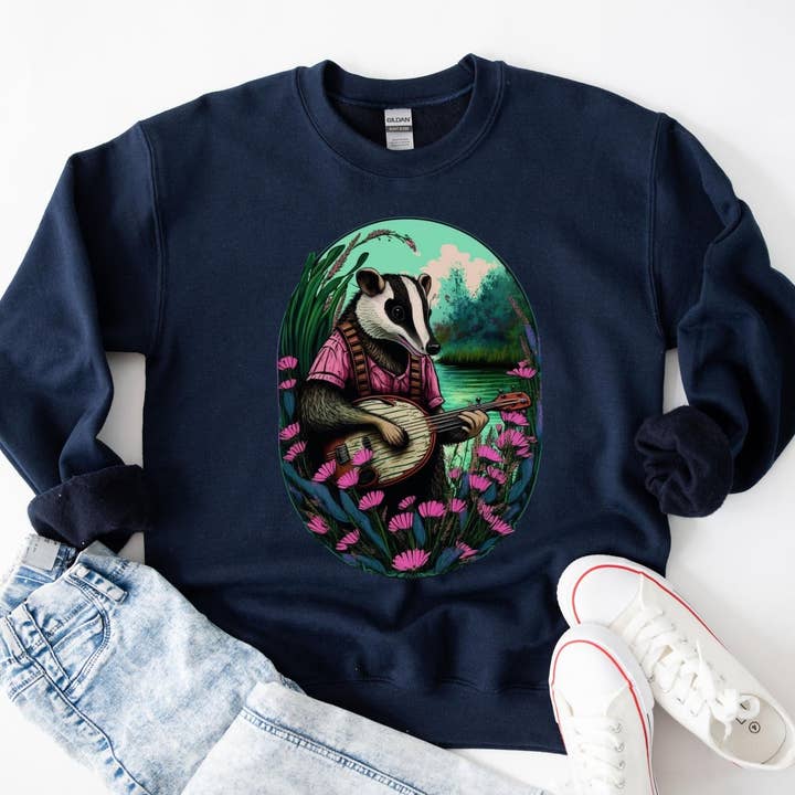 Vivtrek - Wholesale Graphic Sweatshirt - Unisex - Badger Playing Banjo Cottagecore Musician Sweatshirt