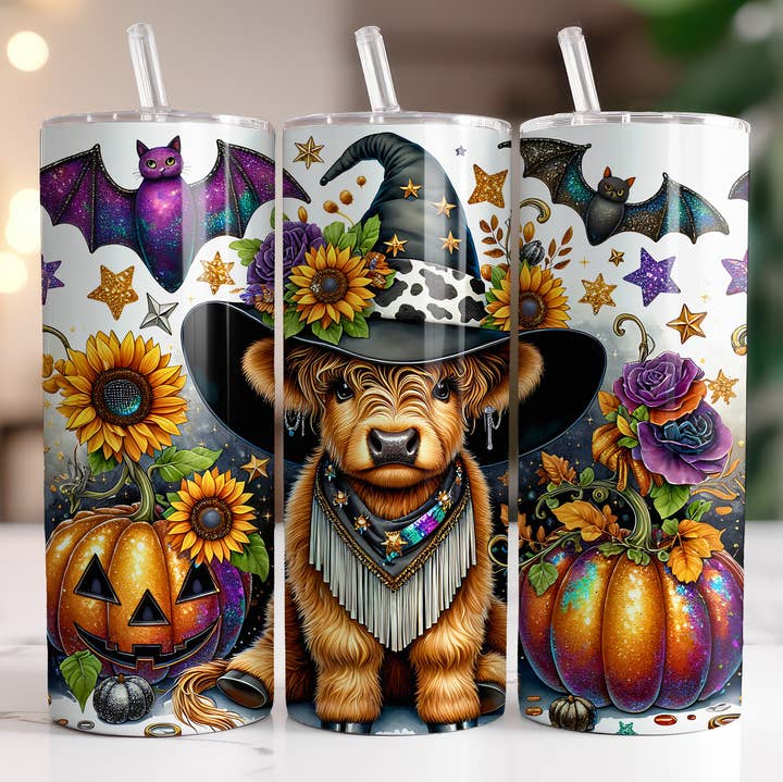 Dogwood Graphics & Design - Wholesale Insulated Mug/Tumbler - Highland Cow Halloween 2025 20oz Skinny Tumbler