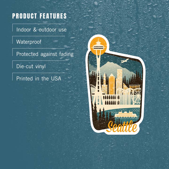 Lantern Press - Wholesale Sticker - STICKERS Seattle, Washington, Retro Skyline