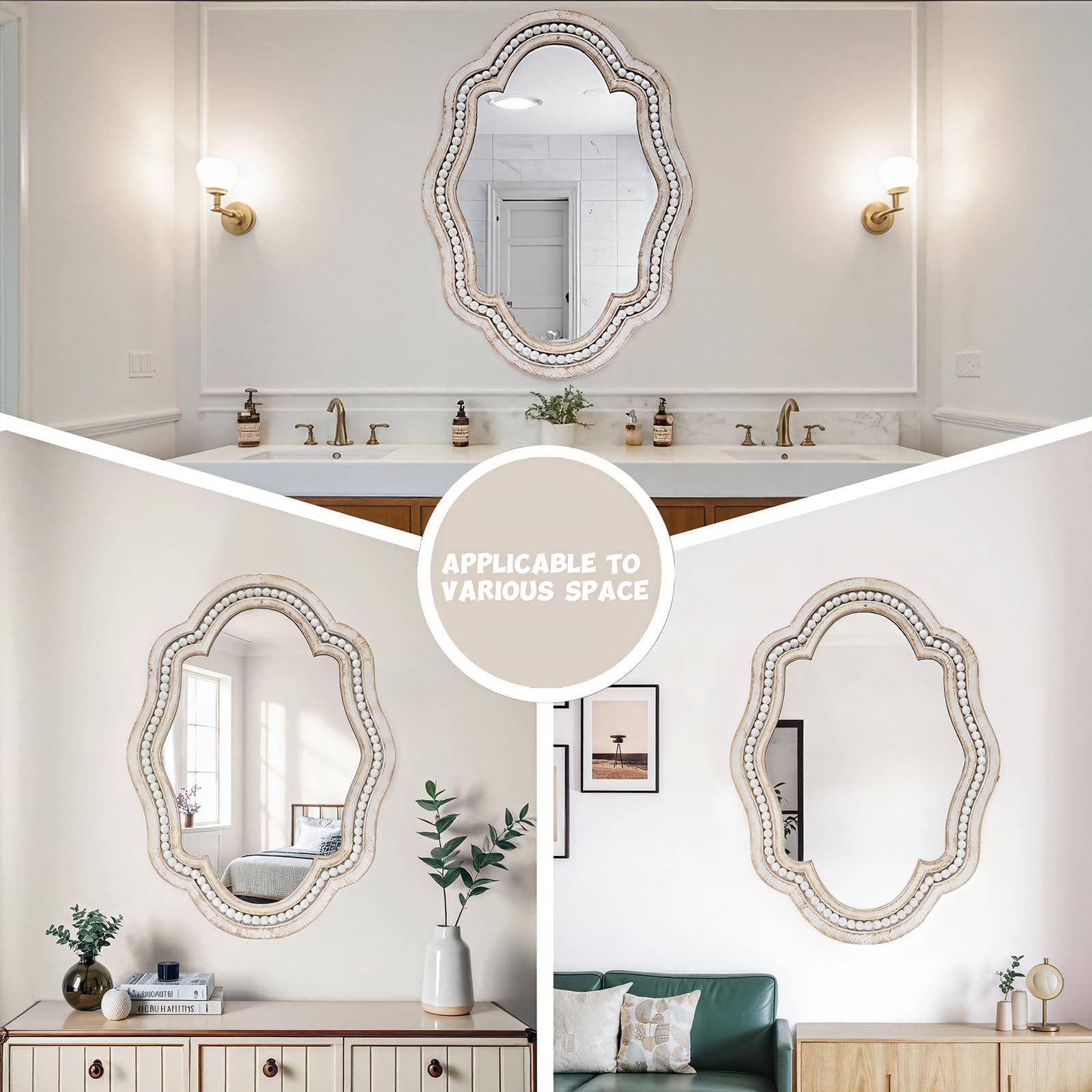 Paris Loft Inc - Vendita all'ingrosso Specchi da parete - Specchio da parete in legno smerlato imbiancato con perline, altezza 27,125 pollici6