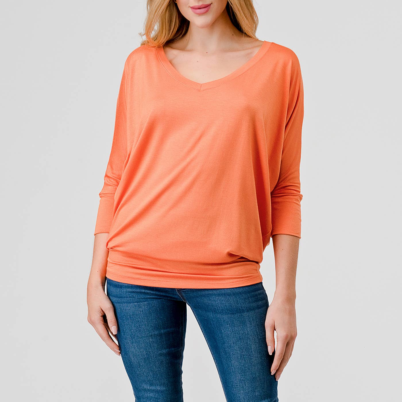 Heimious - Wholesale Knit Top - Women's - 3/4 Dolman Sleeve V-neck Modal Jersey Top, 2573109