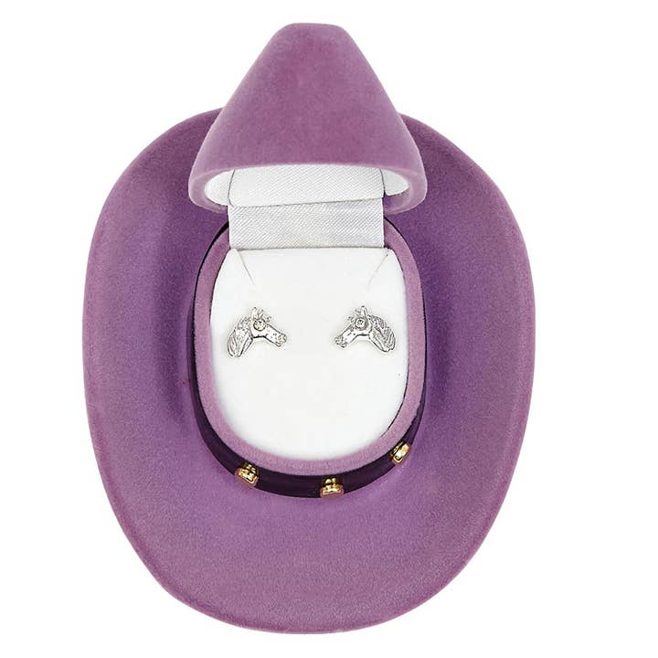 Orecchini a forma di testa di cavallo in scatola regalo a forma di cappello da cowboy per la vendita all'ingrosso da parte di Western Express