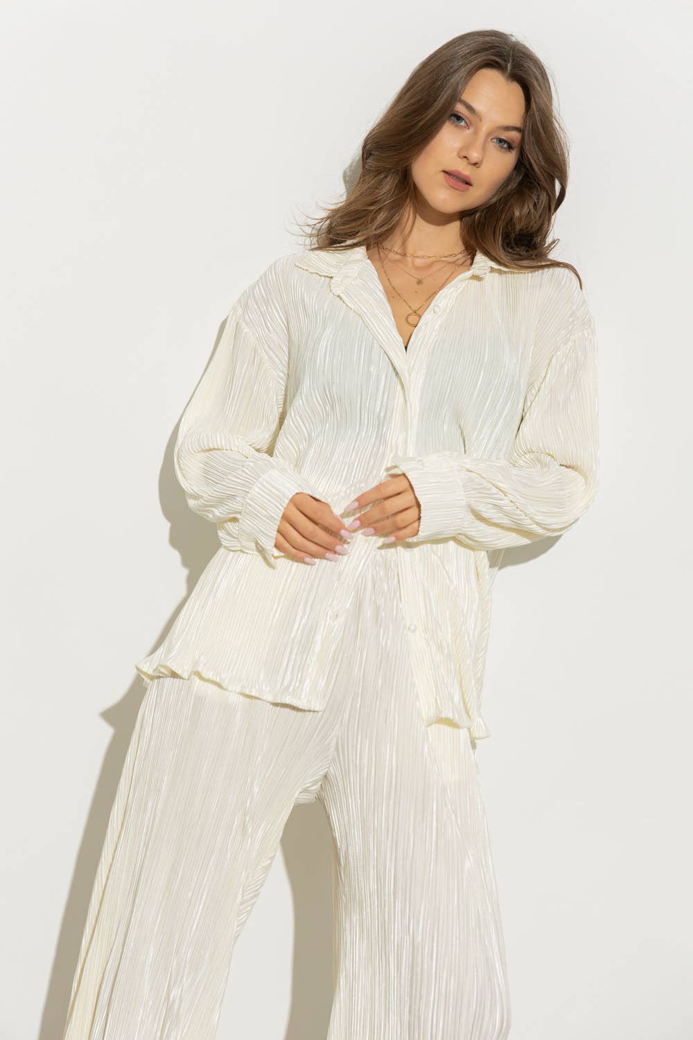 Blue B – wholesale Lounge set – Women's – 32108SET - Accordion Pleat Button Blouse Pant Lounge Set1