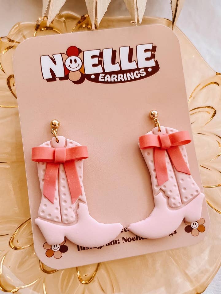 Pink Ribbon Cowgirl Boot Earrings | Polymer Clay Earrings for wholesale by Noelle Earrings